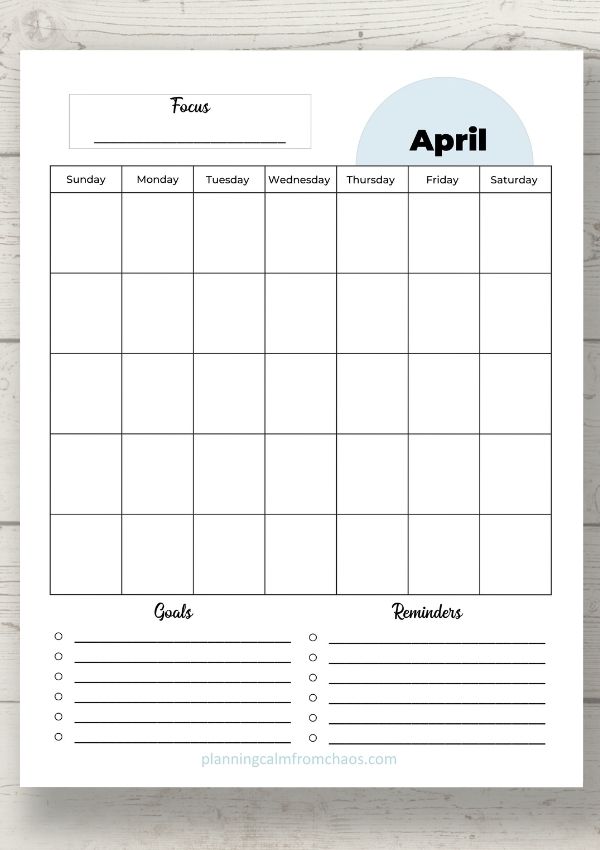 free printable april calendar template