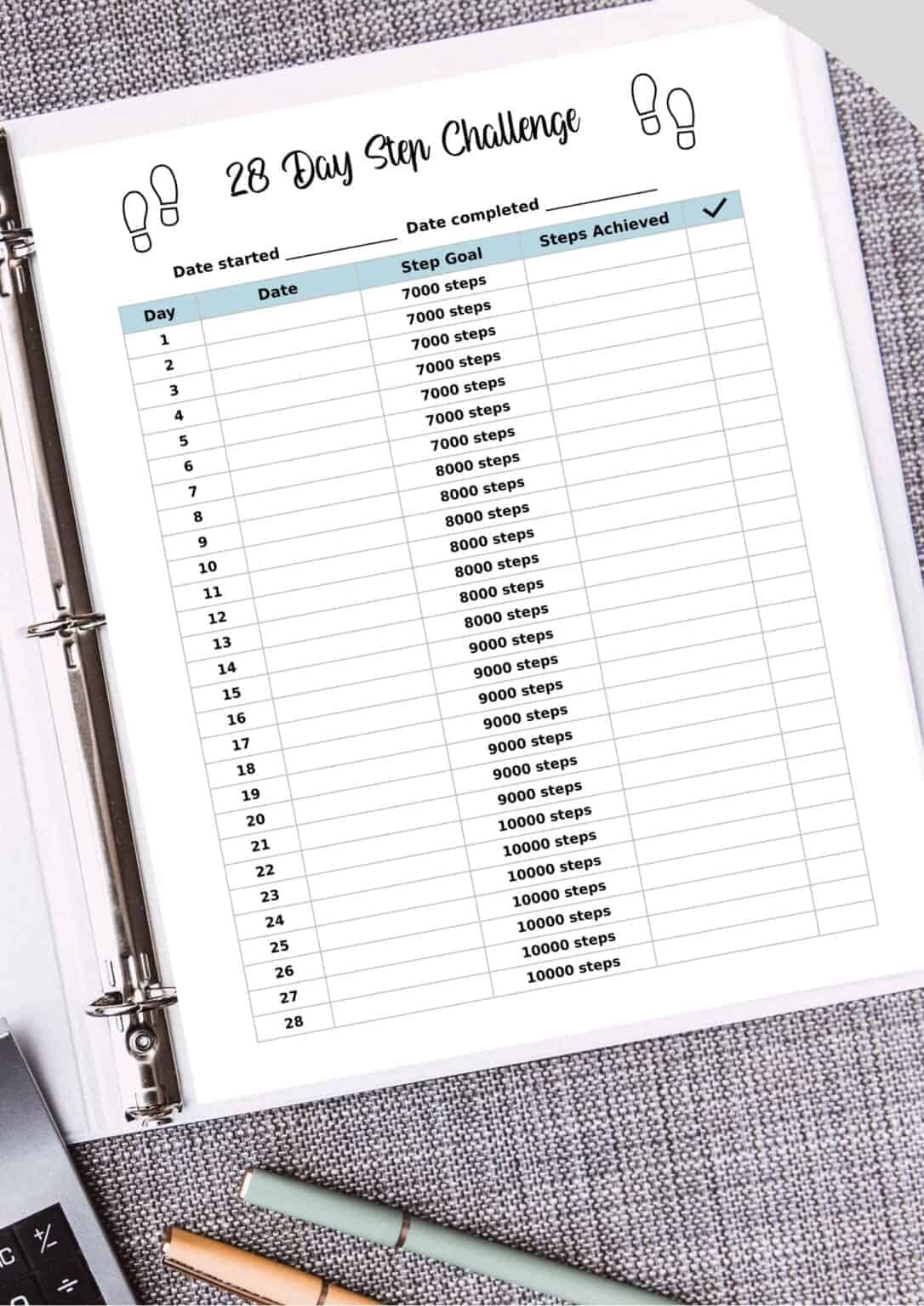 Free Printable Step Tracker 28 Day Step Challenge Planning Calm