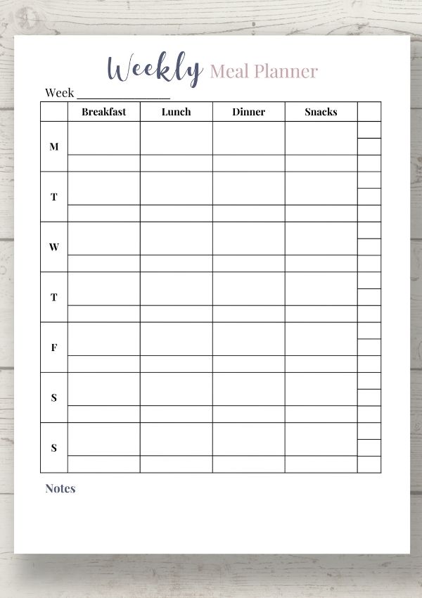 weekly menu planner printable
